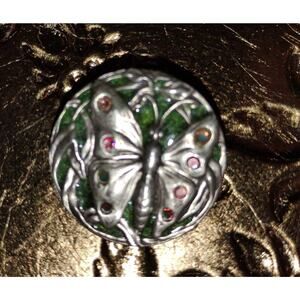 GB Collection Sterling Silver Butterfly Brooch – Green Enamel & Rhinestones